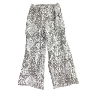 Match Point Womens L Gray White 100% Linen Pants Geometric Wide Leg Raw Hem Boho